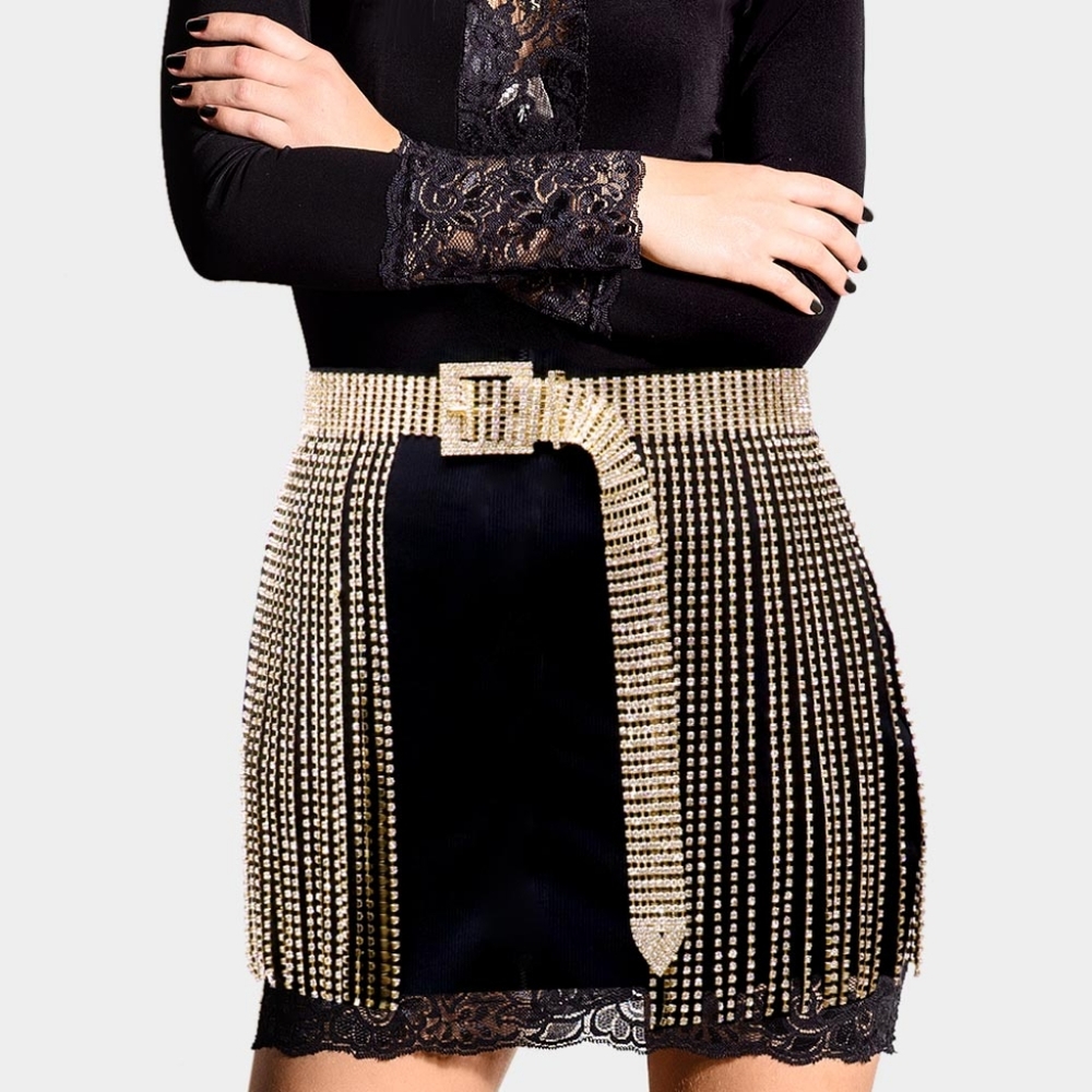 Gold Crystal Fringe Waist Chain Shiny Bling Belt Trendy Rhinestone Accessories